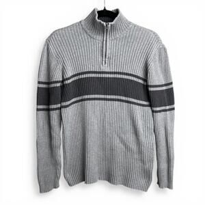 Vintage American Rag Gray Ribbed Quarter Zip Sweater with Black Stripes